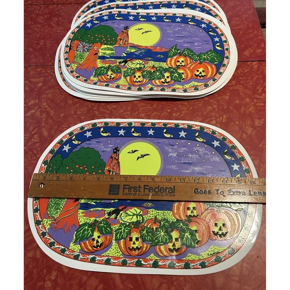 Vintage Vinyl Halloween Placemats Pumpkin‎ Patch Glow In The Dark Set Of 12